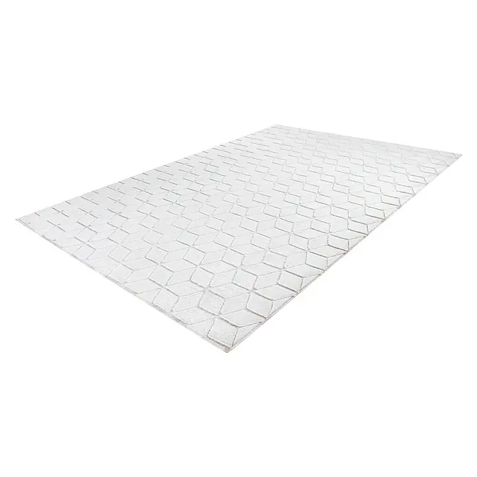 Kayoom Hochflorteppich Vivica 125 - Weiß/Rosé, 150 x 80 cm - Elegante Nahaufnahme eines weißen Teppichs mit einem geometrischen Muster, ideal für moderne Wohnräume.
