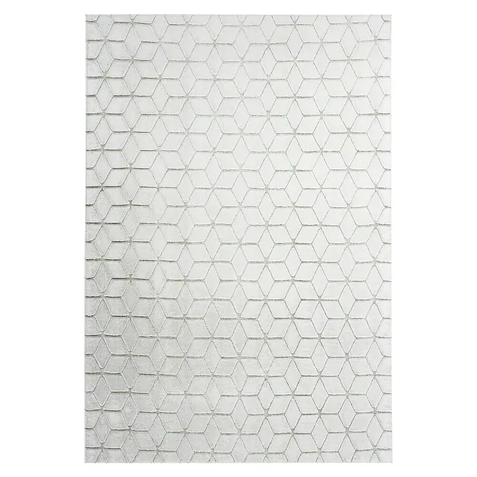 Kayoom Hochflorteppich Vivica 125 - Weiß/Taupe, 160 x 120 cm - Grauer Teppich mit einem geprägten, sich wiederholenden Würfelmuster, das jedem Raum eine subtile Textur und Tiefe verleiht.