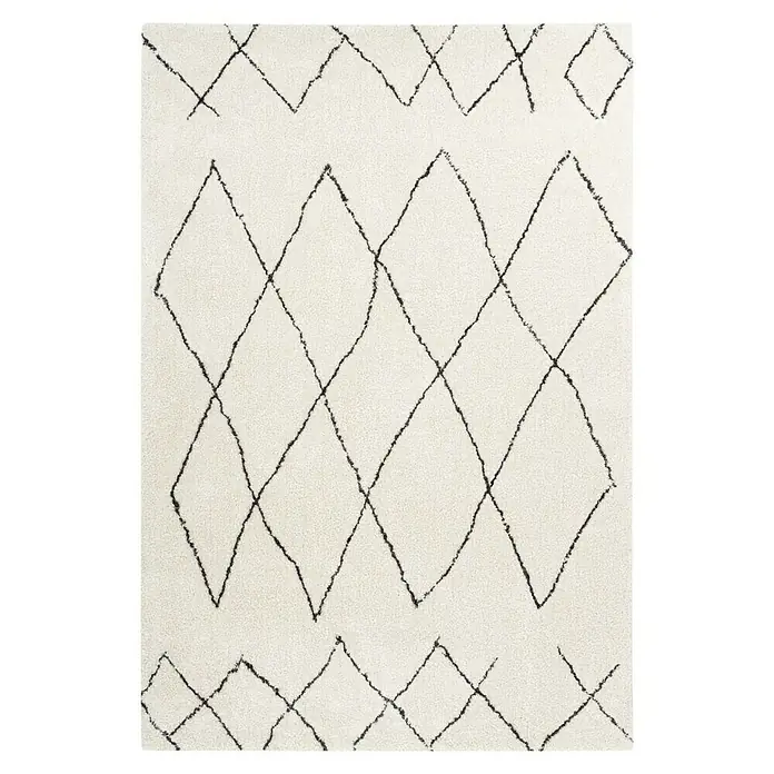Kayoom Hochflorteppich Orlando 425 - Elfenbein, 150 x 80 cm - Ein cremefarbener Teppich mit einem abstrakten, schwarzen Rautenmuster für ein modernes Wohnambiente. Flauschiger Flor für Komfort.