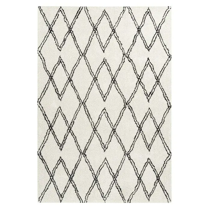 Kayoom Hochflorteppich Orlando 325 - Elfenbein, 290 x 200 cm - Ein elfenbeinfarbener Teppich mit großem, doppeltem Rautenmuster in dunklem Graphitgrau, der eine elegante und moderne Atmosphäre schafft.