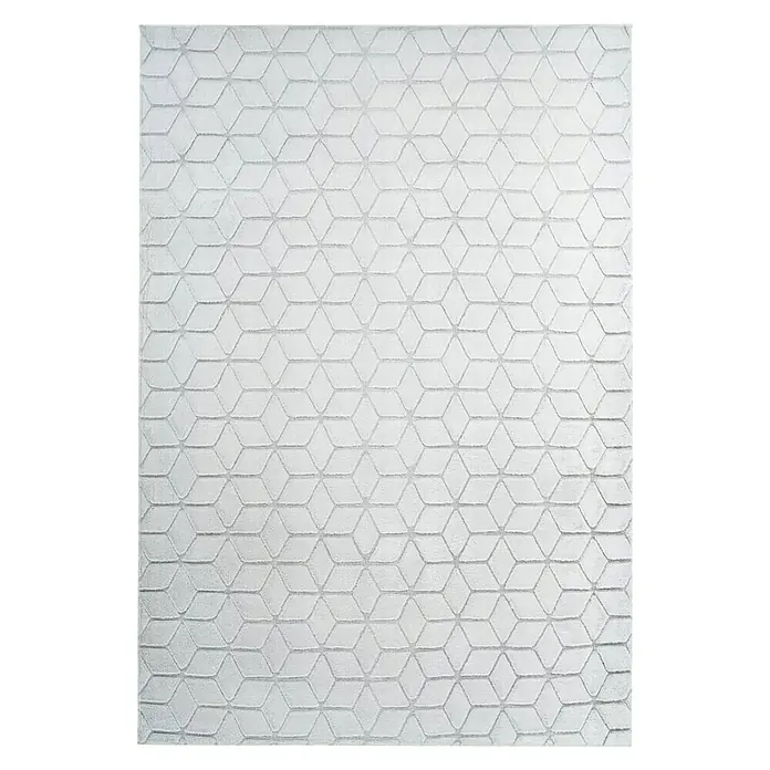 Kayoom Hochflorteppich Vivica 125 - Weiß/Blau, 150 x 80 cm - Ein eleganter, hellgrauer Teppich mit einem modernen, geometrischen Würfelmuster, der jedem Raum einen Hauch von Stil verleiht. Der Teppich ist hochwertig verarbeitet.