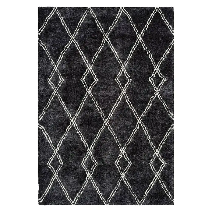 Kayoom Hochflorteppich Orlando 125 - Anthrazit, 230 x 160 cm - Elegante Nahaufnahme eines schwarzen Teppichs mit weißem Rautenmuster, ideal für moderne Wohnräume und zur Aufwertung des Dekors.