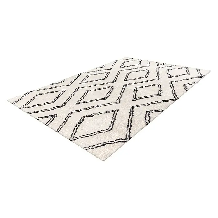 Kayoom Hochflorteppich Orlando 225 - Elfenbein, 290 x 200 cm - Dieser Teppich hat ein geometrisches Rautenmuster in Schwarz und Weiß. Der stilvolle Teppich ist ein dekoratives Element für jeden Raum.
