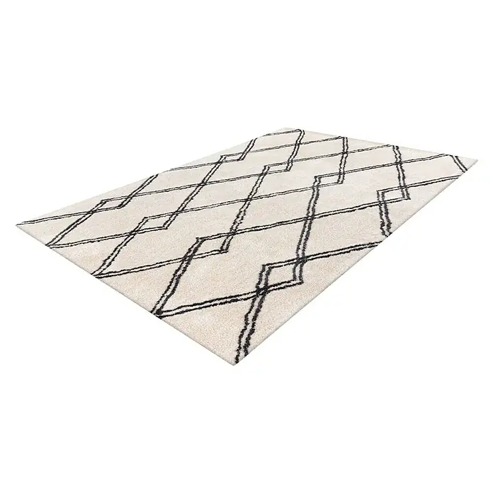Kayoom Hochflorteppich Orlando 125 - Elfenbein, 150 x 80 cm - Beiger Teppich mit einem modernen, geometrischen Muster in Schwarz, ideal für Wohnzimmer oder Schlafzimmer, der jedem Raum Wärme und Stil verleiht.