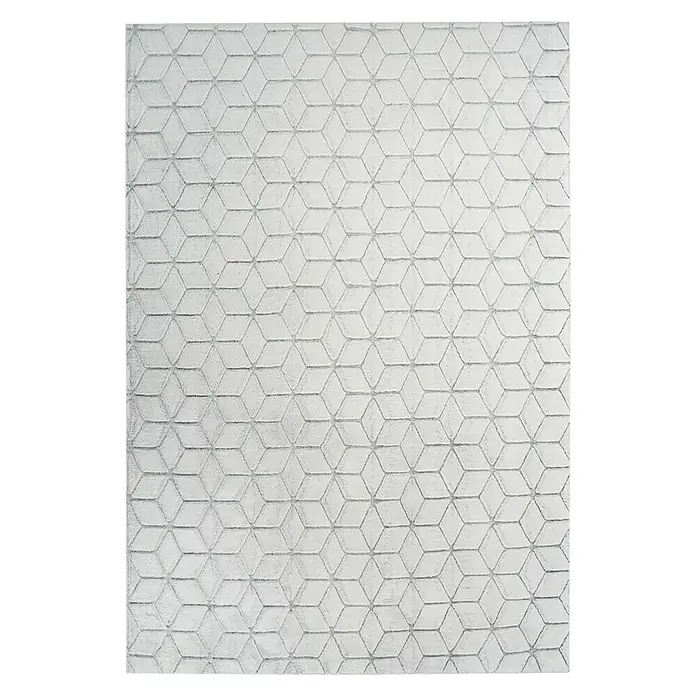 Kayoom Hochflorteppich Vivica 125 - Weiß/Anthrazit, 150 x 80 cm - Ein eleganter, silbergrauer Teppich mit einem modernen, geometrischen Würfelmuster, der jedem Raum eine stilvolle Note verleiht. Perfekt für ein zeitgemäßes Ambiente.