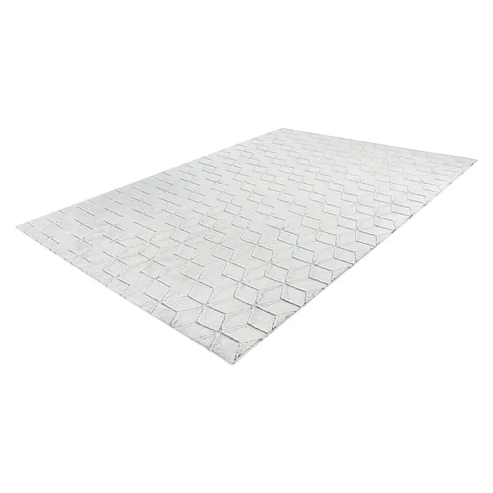Kayoom Hochflorteppich Vivica 125 - Weiß/Anthrazit, 150 x 80 cm - Ein eleganter weißer Teppich mit einem geometrischen Rautenmuster, der jedem Raum einen modernen Touch verleiht. Der Teppich bietet Komfort und Stil.