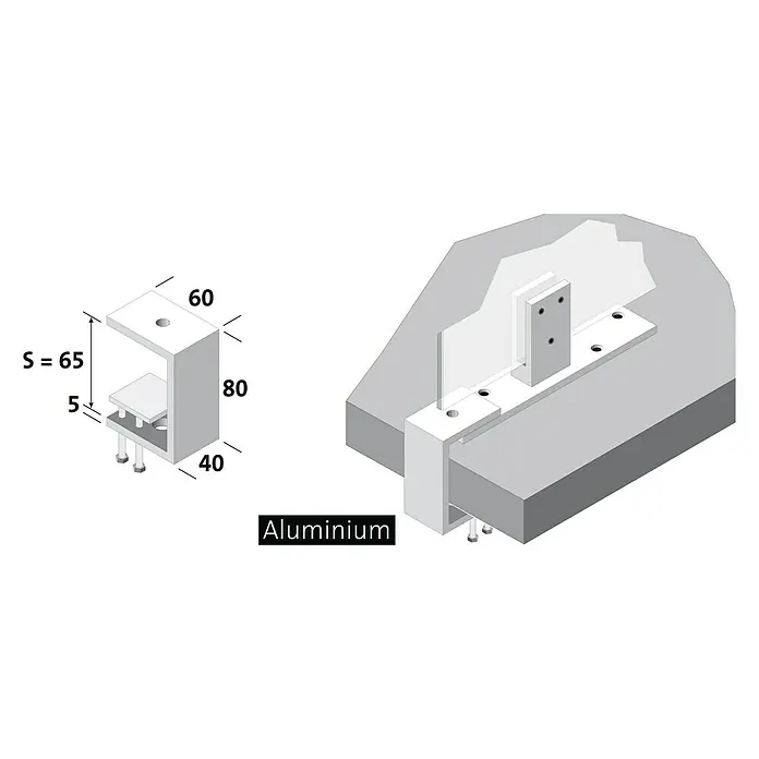 Room Plaza Klemmfuß - 80 x 40 mm, Spannweite: 65 mm, Silber, Passend für: Room Plaza Hygieneschutzglas - Illustration einer Aluminiumhalterung mit Maßangaben, die eine sichere und stabile Befestigung von Bauelementen ermöglicht.