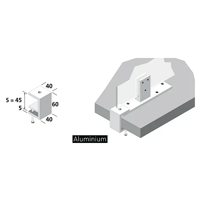 Room Plaza Klemmfuß - 60 x 40 mm, Spannweite: 45 mm, Silber, Passend für: Room Plaza Hygieneschutzglas - Aluminiumhalterung mit den Maßen 40x60x40 mm und einer Spaltbreite von 45 mm zur Befestigung einer Konstruktion.