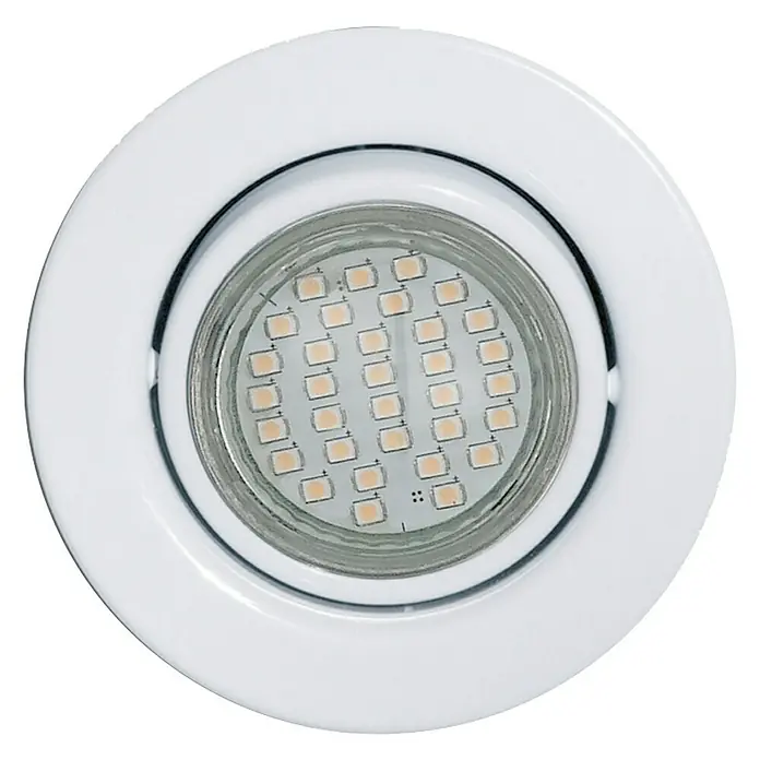 Eglo LED-Einbauleuchten-Set - 9 W, Weiß, 3 Stk., Warmweiß, IP20 - Nahaufnahme einer runden, weißen LED-Deckenleuchte, die ein modernes und energieeffizientes Beleuchtungselement für Innenräume darstellt.