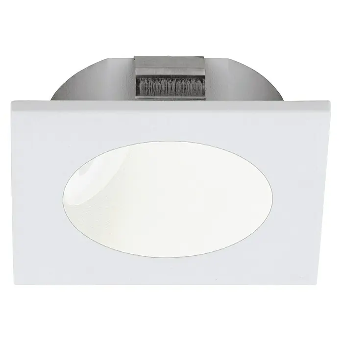 Eglo Einbauleuchten-Set eckig Zarate - 2 W, L x B: 8 x 8 cm, Weiß - Nahaufnahme einer quadratischen, weißen LED-Deckenleuchte mit ovalem Lichtaustritt, ideal für moderne Innenräume.