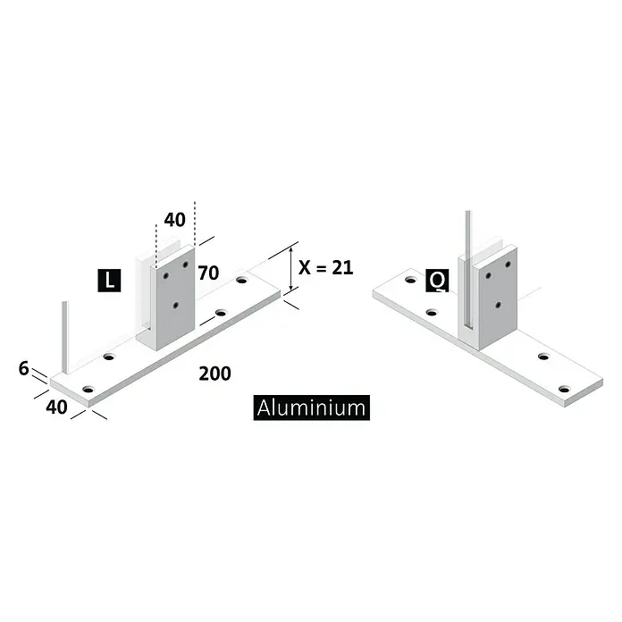 Room Plaza Standfuß - 200 x 40 mm, Silber, Passend für: Room Plaza Hygieneschutzglas - Aluminium-Struktur mit Maßangaben und Bohrungen, dargestellt in einer technischen Zeichnung. Präzise Konstruktion für verschiedene Anwendungen.