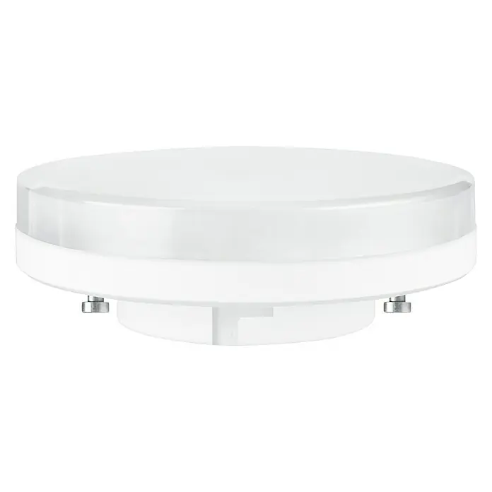 Osram Star LED-Lampe - GX53 , Nicht Dimmbar, Warmweiß, 470 lm, 4,9 W - Nahaufnahme einer runden, weißen Deckenleuchte mit transparentem Diffusor und silbernen Schrauben auf schwarzem Hintergrund.