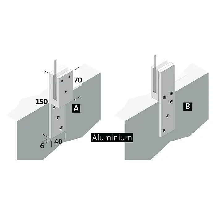 Room Plaza Thekenhalter - 150 x 40 mm, Weiß, Passend für: Room Plaza Hygieneschutzglas - Aluminium-Befestigungselemente A und B mit Abmessungen. Ideal für stabile und präzise Verbindungen im Bauwesen.