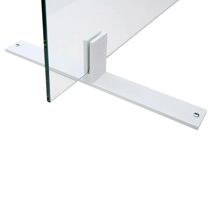 Room Plaza Standfuß - 350 x 40 mm, Weiß, Passend für: Room Plaza Hygieneschutzglas - Die Nahaufnahme zeigt einen eleganten, weißen Tischaufsatz aus Glas mit einem minimalistischen Design für moderne Büros oder Arbeitsplätze.