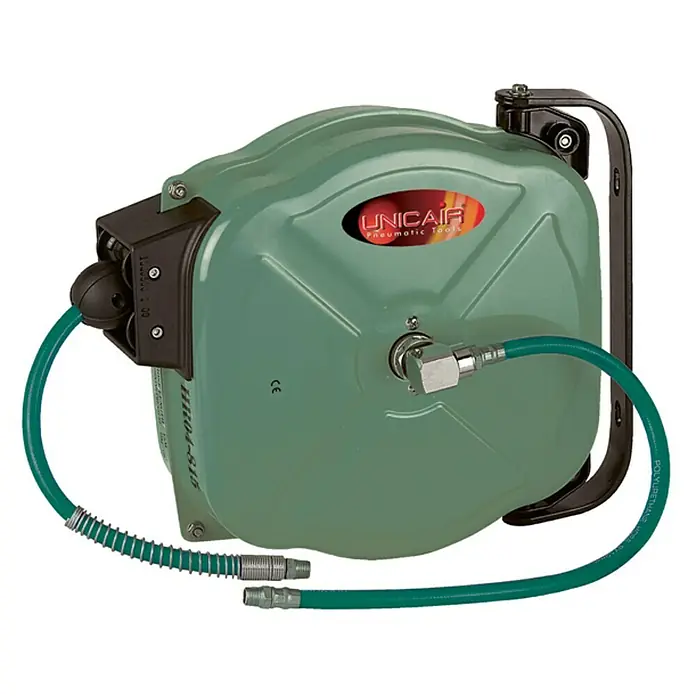 Unicair Enrollador automático de manguera EP-15 - Longitud del tubo: 15 m, Presión máx.: 15 bar - Enrollador con manguera verde. El enrollador neumático Unicair es una herramienta práctica para el taller o el garaje.
