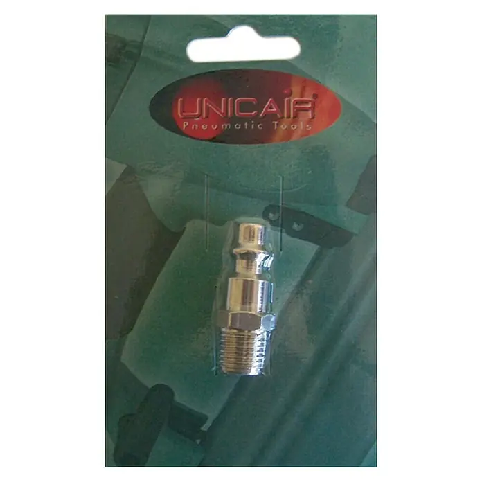 Unicair Boquilla de conexión macho - Dimensión conexión: ¼″ - Herramienta neumática Unicair en blister. El artículo es un enchufe metálico neumático con rosca para conectar a las herramientas.