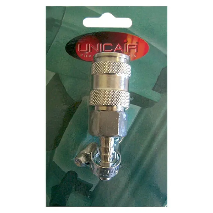 Unicair Racor de conexión manguera - Dimensión conexión: ¼″ - Conector neumático Unicair en blíster. El conector plateado con superficie estriada es ideal para sistemas de presión de aire.