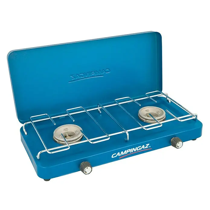Campingaz Hornillo de gas Base Camp Lid - 43 x 21 x 8,5 cm, 1,6 W - Cocina de camping portátil Campingaz con dos quemadores y carcasa azul, ideal para aventuras al aire libre y viajes de camping.