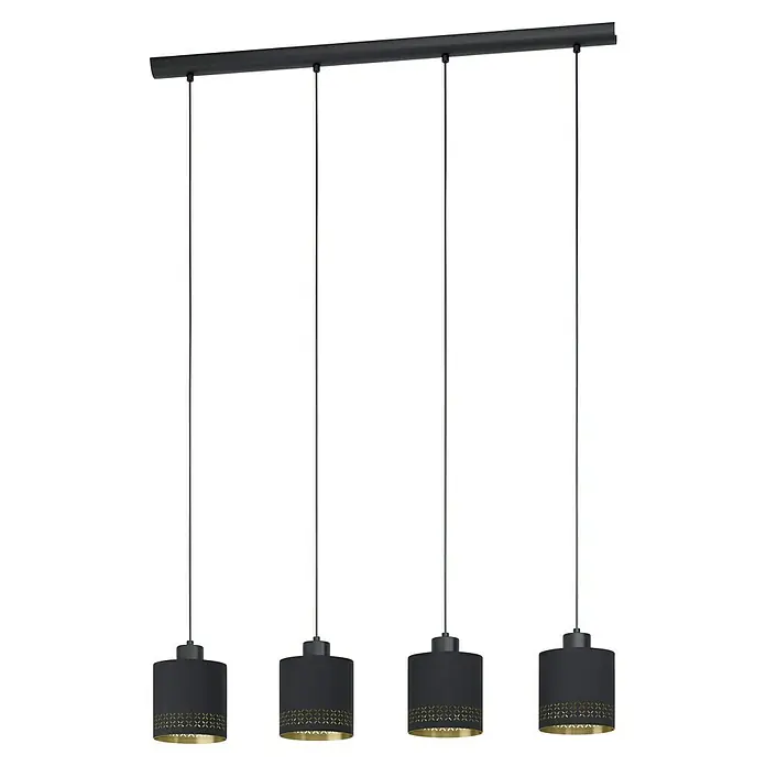 Eglo Esteperra Pendelleuchte rund - 240 W, Schwarz/Gold, E27, 4 Stk. - Elegante Pendelleuchte mit vier Lampenschirmen in Schwarz und Gold, die ein stilvolles Ambiente schafft. Ideal für Esszimmer oder Wohnbereich.