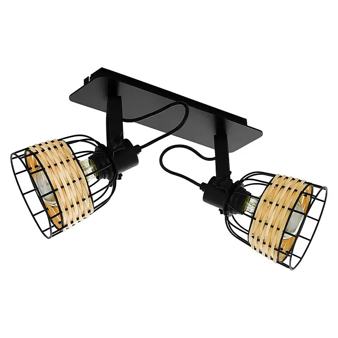 Eglo Anwick Deckenstrahler - 80 W, L x B x H: 48 x 14 x 24 cm, Schwarz, E27, 2 Stk. - Schwarze Deckenleuchte mit zwei Strahlern und dekorativen Rattan-Elementen, die ein warmes und einladendes Licht erzeugen.