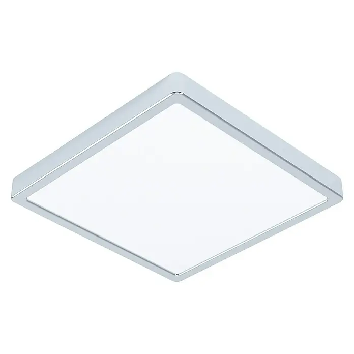 Eglo Fueva 5 LED-Deckenleuchte IP44 - 20 W, L x B x H: 28,5 x 28,5 x 2,8 cm, Chrom, Warmweiß - Nahaufnahme einer quadratischen LED-Deckenleuchte mit silberfarbenem Rahmen und diffusem Lichtpanel, ideal für moderne Innenräume.