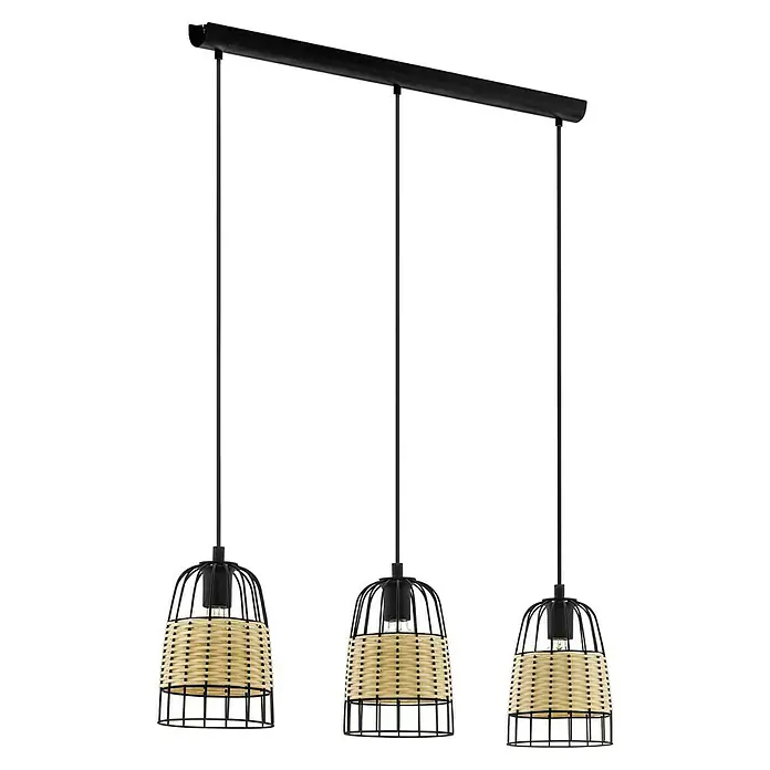 Eglo Anwick Pendelleuchte - 180 W, L x B x H: 88 x 18 x 110 cm, Schwarz/Braun, E27 - Eine moderne Pendelleuchte mit drei Lampenschirmen aus schwarzem Metall und hellem Rattan, die ein warmes Licht verbreitet.