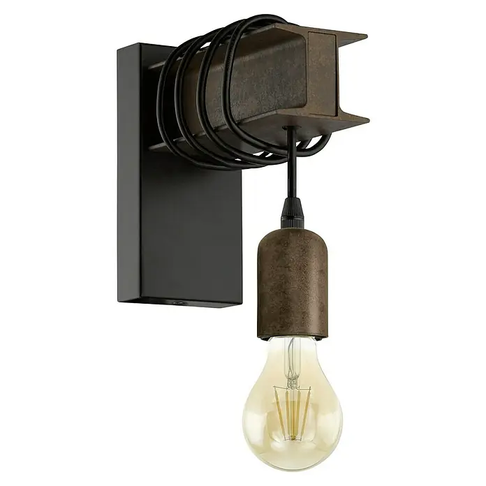 Eglo Wandleuchte TOWNSHEND 4 - 10 W, L x B x H: 80 x 0 x 19 cm, Schwarz/Braun, E27 - Industrielle Wandleuchte mit einer Glühbirne, Kabeln und einem schwarzen Metallrahmen. Das Design ist rustikal und modern zugleich.