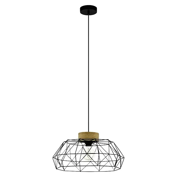 Eglo Padstow Pendelleuchte rund - Höhe: 110 cm - Hängeleuchte mit schwarzem Metallkäfig und einem Holzelement, ideal für moderne Innenräume. Die Lampe spendet ein angenehmes Licht.