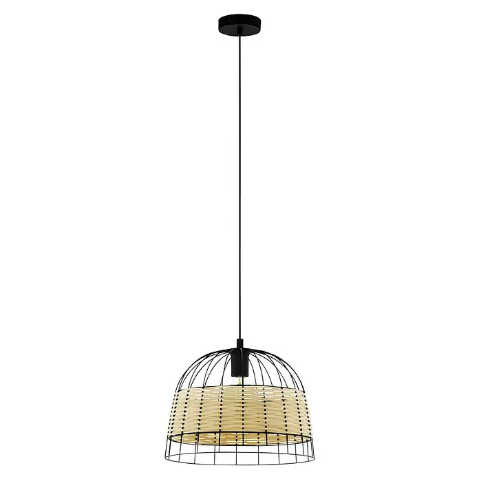 Eglo Anwick Pendelleuchte rund - 40 W, Ø x H: 370 x 1.100 mm, Schwarz, E27 - Elegante schwarze Pendelleuchte mit einem Lampenschirm aus Rattan, perfekt für eine stilvolle Beleuchtung in jedem Raum.
