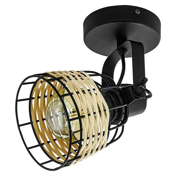 Eglo Anwick Deckenstrahler - 40 W, Schwarz, E27, 1 Stk. - Schwarze Deckenleuchte mit einem Lampenschirm aus Metall und Rattan, der ein warmes Licht erzeugt, perfekt für moderne Innenräume.