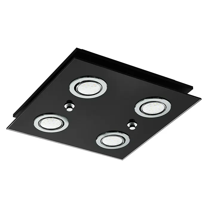 Eglo LED-Deckenleuchte - 12 W, Schwarz - Quadratische Deckenleuchte mit schwarzer Glasplatte und vier runden LED-Spots mit Chromfassung für eine moderne Beleuchtung.