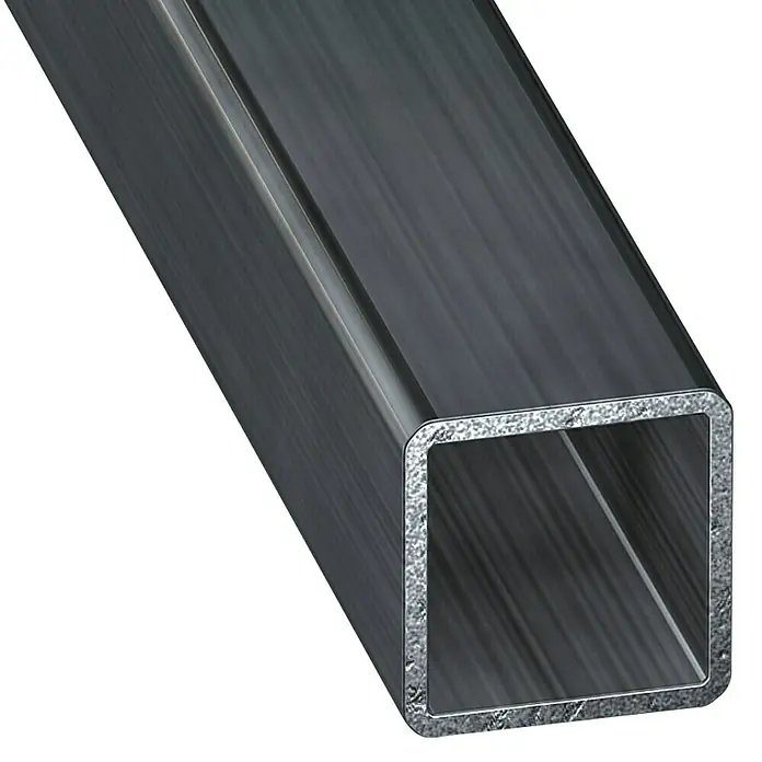 Kantoflex Tubo de forma cuadrada - 1.000 x 30 x 30 mm, Espesor: 1,5 mm, Acero, Acero gris - Perfil de tubo cuadrado metálico sobre fondo negro, ideal para construcciones y aplicaciones de diseño.