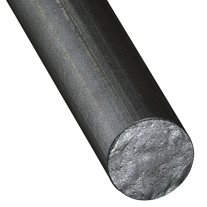 Kantoflex Barra redonda - Ø x L: 8 x 2.000 mm, Acero - Primer plano de una barra de metal gris con una superficie rugosa y textura visible, aislada sobre un fondo negro.