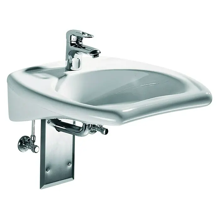 Geberit Vitalis Waschtisch - 55 x 55 cm, Mit schmutzabweisender Glasur, Hahnloch: Ohne, Ohne Überlauf, Weiß - Nahaufnahme eines Sanitärwaschbeckens mit glänzendem Chromhahn, das an einer Wand montiert ist und einen eleganten Look bietet.