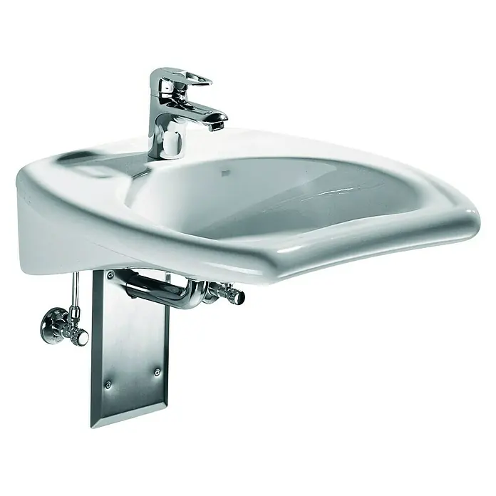 Geberit Vitalis Waschtisch - 55 x 55 cm, Ohne Spezialglasur, Hahnloch: Ohne, Mit Überlauf, Weiß - Hier ist ein schickes, wandmontiertes Waschbecken aus Keramik mit verchromtem Wasserhahn und passenden Armaturen, ideal für moderne Bäder.
