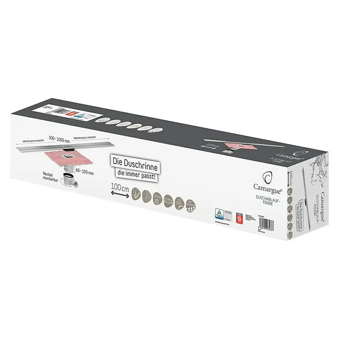 Camargue Duschrinne - 30 cm - 100 cm, Edelstahl - Produktverpackung für Camargue Duschablaufrinne: Flexibel montierbar, millimetergenau anpassbar, 100 cm Länge.
