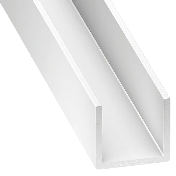 Kantoflex U-Profil - 1.000 x 14 x 10 mm, Stärke: 1 mm, Kunststoff, Weiß - Nahaufnahme eines weißen U-Profils. Ein vielseitiges Produkt für Bau- und DIY-Projekte, das Stabilität und Unterstützung bietet.
