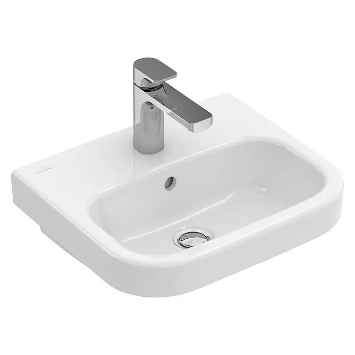 Villeroy & Boch Architectura Waschbecken - 50 x 38 cm, Ohne Spezialglasur, Hahnloch: Mitte, Mit Überlauf, Weiß - Weißes Waschbecken mit modernem Chromhahn, das ein minimalistisches und elegantes Design für jedes Badezimmer bietet.