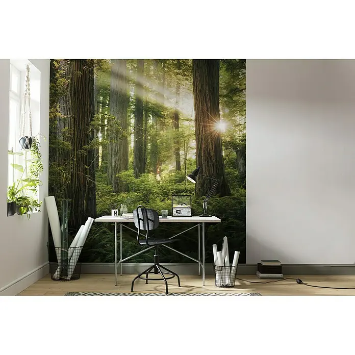 Komar Stefan Hefele Edition 2 Fototapete Goblins Woods - 5 -tlg., B x H: 250 x 280 cm, Vlies - Fototapete mit Waldmotiv im Arbeitszimmer, die eine ruhige Atmosphäre schafft. Ein moderner Arbeitsplatz mit Schreibtisch und Bürostuhl vor der Waldtapete.