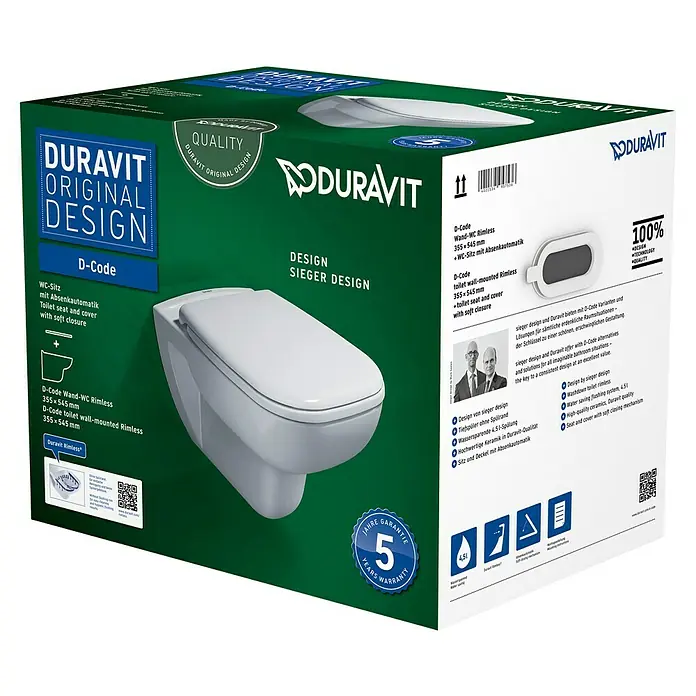 Duravit D-Code Wand-WC-Set - Spülrandlos, Ohne Spezialglasur, Spülform: Tief, WC Abgang: Waagerecht, Weiß - Verpackung der Duravit D-Code Wand-WC Rimless Toilette mit Absenkautomatik.