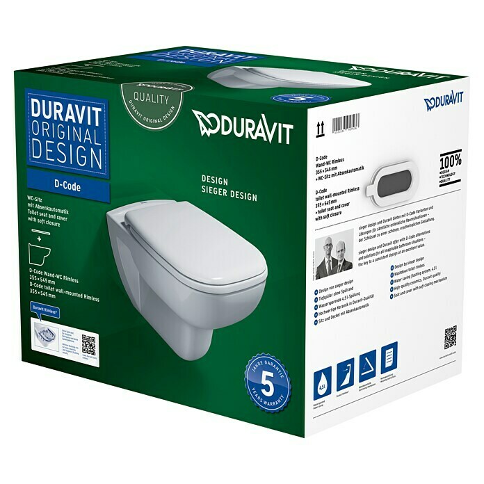 Duravit D-Code Wand-WC-SetSpülrandlos, Ohne Spezialglasur, Spülform: Tief, WC Abgang: Waagerecht, Weiß Unknown