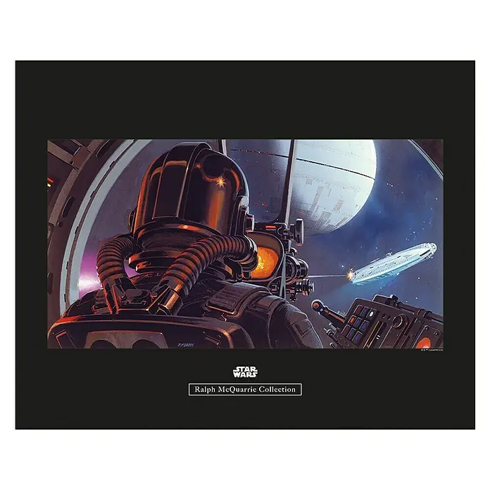 Komar Star Wars Poster RMQ TIE-Fighter Pilot - Star Wars, B x H: 50 x 40 cm - Star Wars "Ralph McQuarrie Collection" Bild, das einen Imperialen Offizier in einer Raumstation mit Blick auf den Todesstern und ein Schiff zeigt.