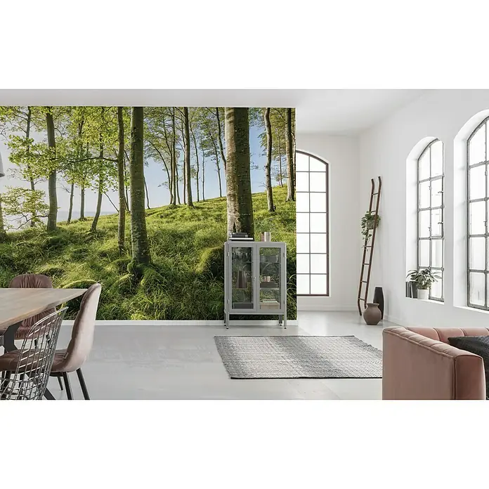 Komar Stefan Hefele Edition 2 Fototapete Zauberhaftes Buchenspektakel - 9 -tlg., B x H: 450 x 280 cm, Vlies - Dieses Bild zeigt ein stilvolles Interieur mit einer Waldtapete, einem grauen Schrank, einem Teppich und modernen Möbeln.