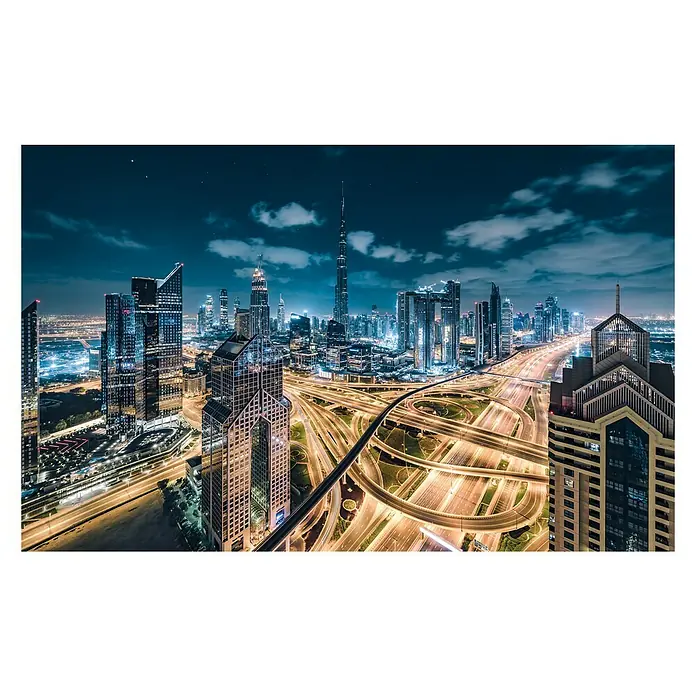 Komar Stefan Hefele Edition 2 Fototapete 1001 Nacht - 9 -tlg., B x H: 450 x 280 cm, Vlies - Beeindruckende Nachtaufnahme von Dubai mit seiner Skyline, beleuchteten Straßen und dem Burj Khalifa im Hintergrund.