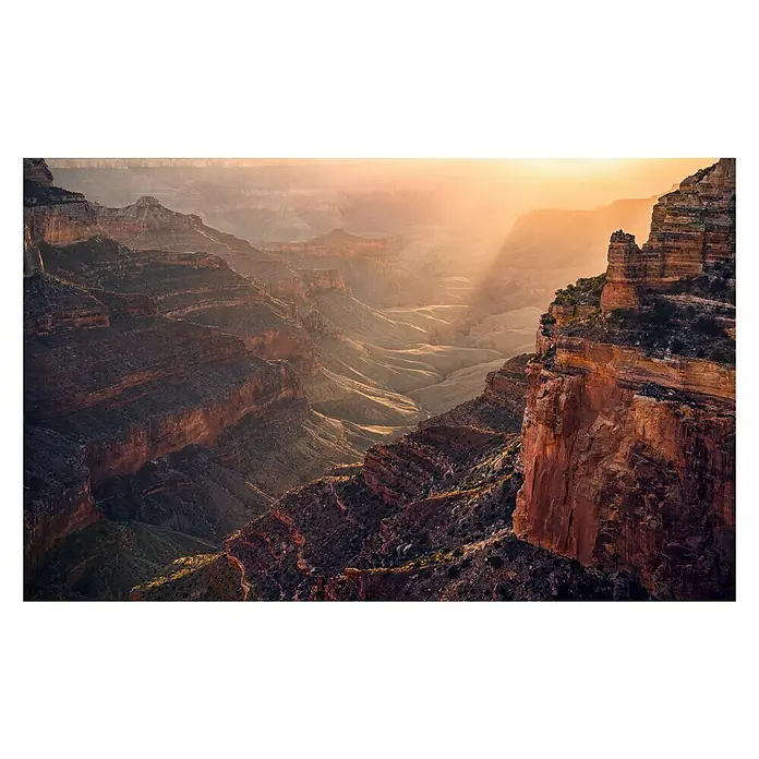 Komar Stefan Hefele Edition 2 Fototapete Grand Wonder - 9 -tlg., B x H: 450 x 280 cm, Vlies - Atemberaubende Ansicht des Grand Canyon bei Sonnenuntergang mit Blick auf die markanten Felsformationen und das warme, goldene Licht.