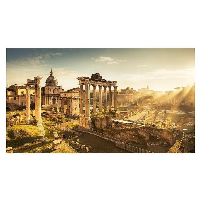 Komar Stefan Hefele Edition 2 Fototapete Forum Romanum - 10 -tlg., B x H: 500 x 280 cm, Vlies - Antikes römisches Forum mit Säulen und Ruinen bei Sonnenaufgang, strahlend goldenes Licht durchflutet die Szene, ein historisches Denkmal.