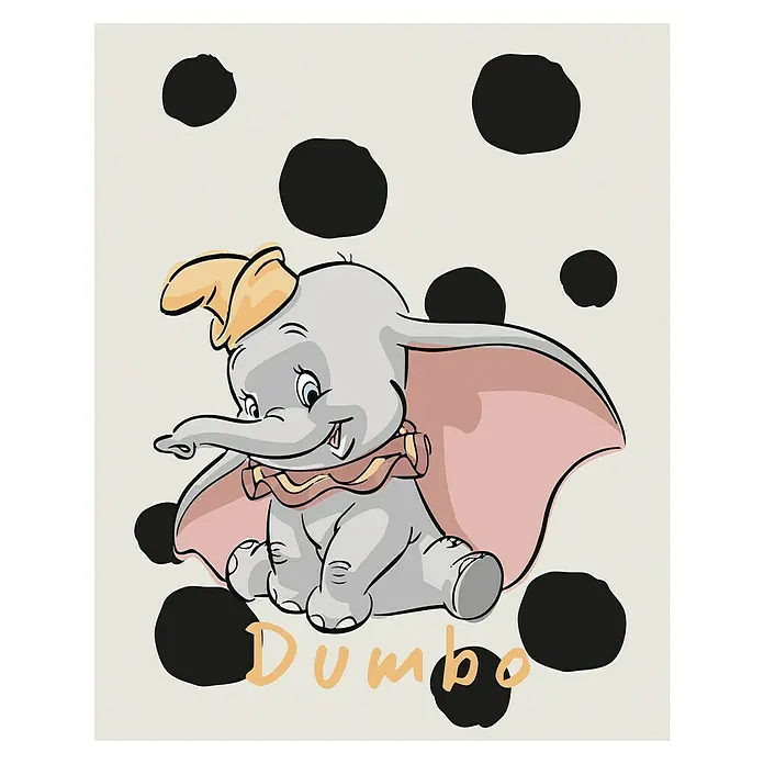 Komar Disney Edition 4 Poster Dumbo Dots - Disney, B x H: 40 x 50 cm - Eine niedliche Illustration von Dumbo, dem fliegenden Elefanten, sitzend vor einem gepunkteten Hintergrund. Ein charmantes Dekorationsstück.