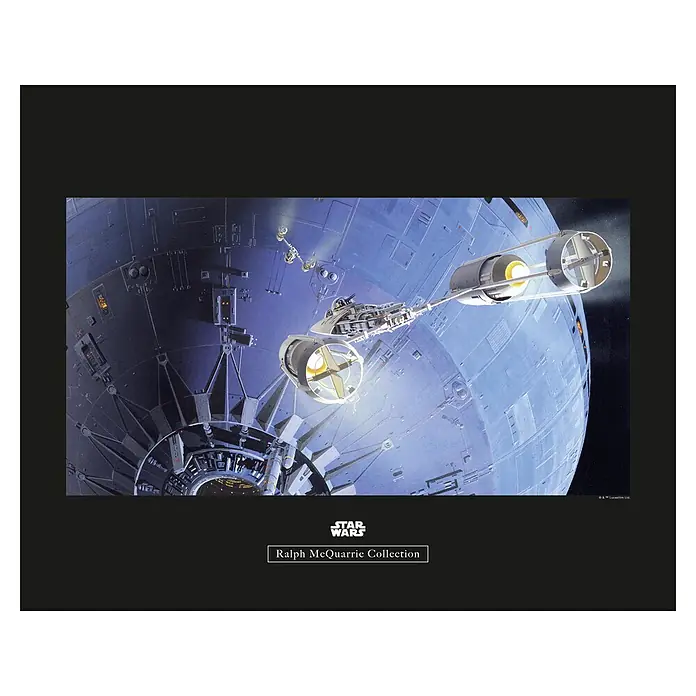 Komar Star Wars Poster RMQ Death Star Attack - Star Wars, B x H: 50 x 40 cm - Star Wars Y-Wing-Jäger auf dem Todesstern. Dieses Kunstwerk von Ralph McQuarrie zeigt ein Raumschiff vor einer blauen Kugel.