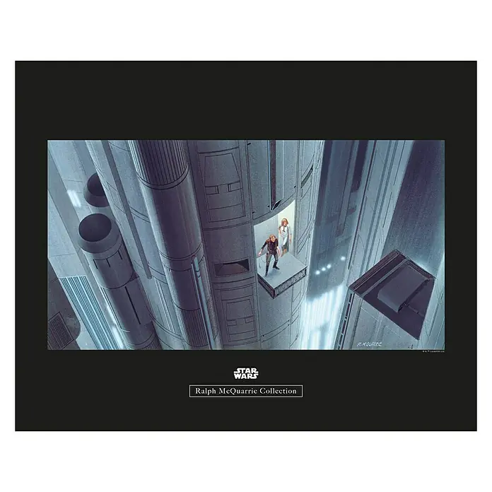 Komar Star Wars Poster RMQ Escape Plan - Star Wars, B x H: 40 x 30 cm - Ralph McQuarrie Collection Star Wars-Gemälde: Luke und Leia stehen auf einer Plattform inmitten futuristischer Architektur.