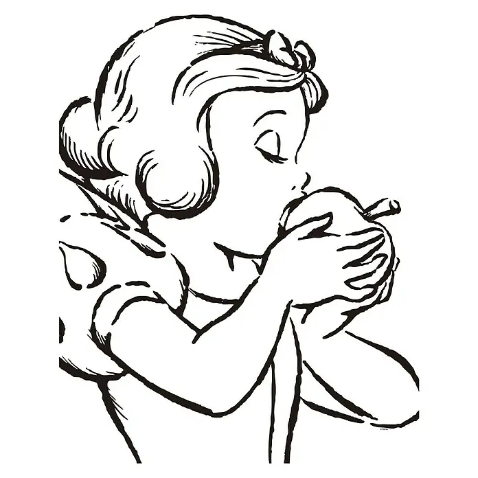 Komar Disney Edition 4 Poster Snow White Apple Bite - Disney, B x H: 40 x 50 cm - Schwarz-weiße Zeichnung von Schneewittchen, wie sie in einen Apfel beißt, ideal für Ausmalbücher oder Bastelprojekte.